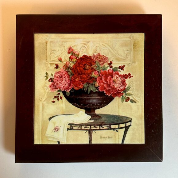 Kathryn White Artist "Linen with Peonies" Floral Framed Wall Tile/Trivet w/Easel - Picture 6 of 11